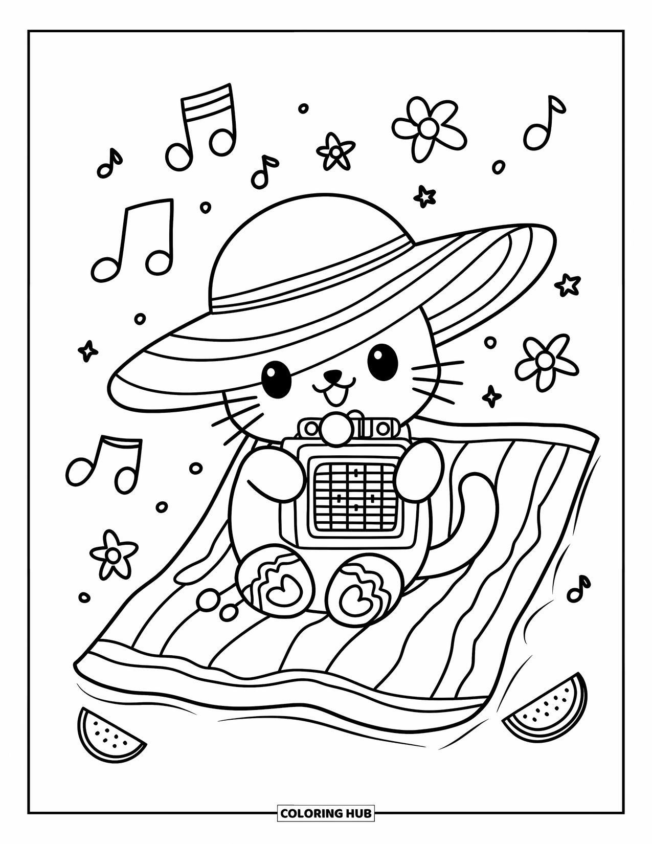 June Coloring Page for Adults: Relaxing cat with a radio and seashell sandals surrounded by flowers and watermelons