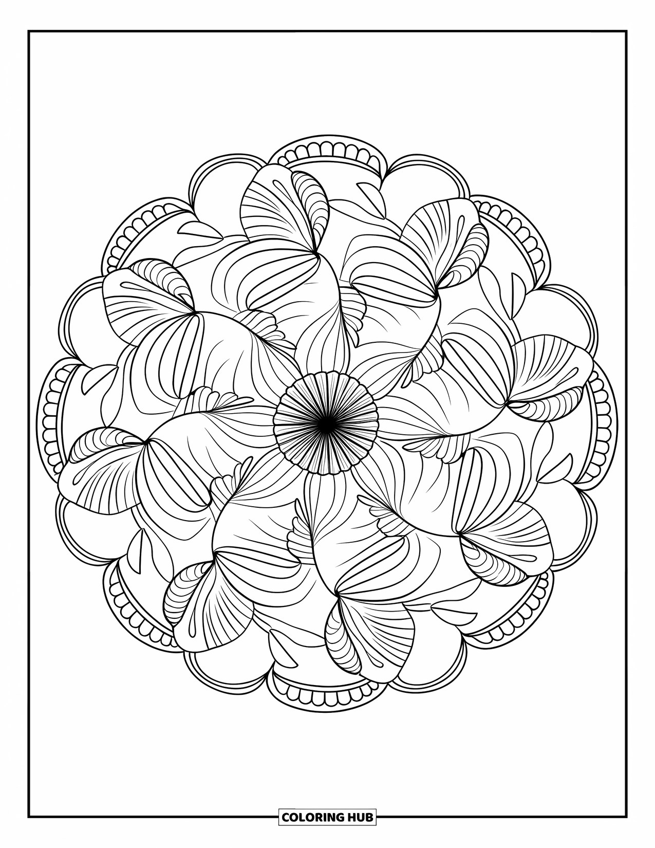 June Coloring Page for Adults: Seashell and leaf mandala surrounded by a decorative border in a circular layout