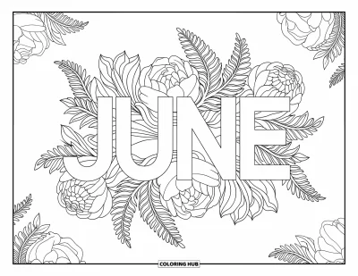 Junimålarbild för vuxna: Ordet "June" inramat av eleganta pioner och ormbunksblad i en detaljrik design
