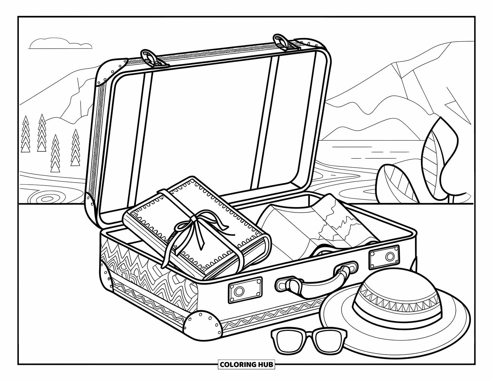 June Coloring Page for Adults: Travel items inside a vintage suitcase with mountains and trees in the background
