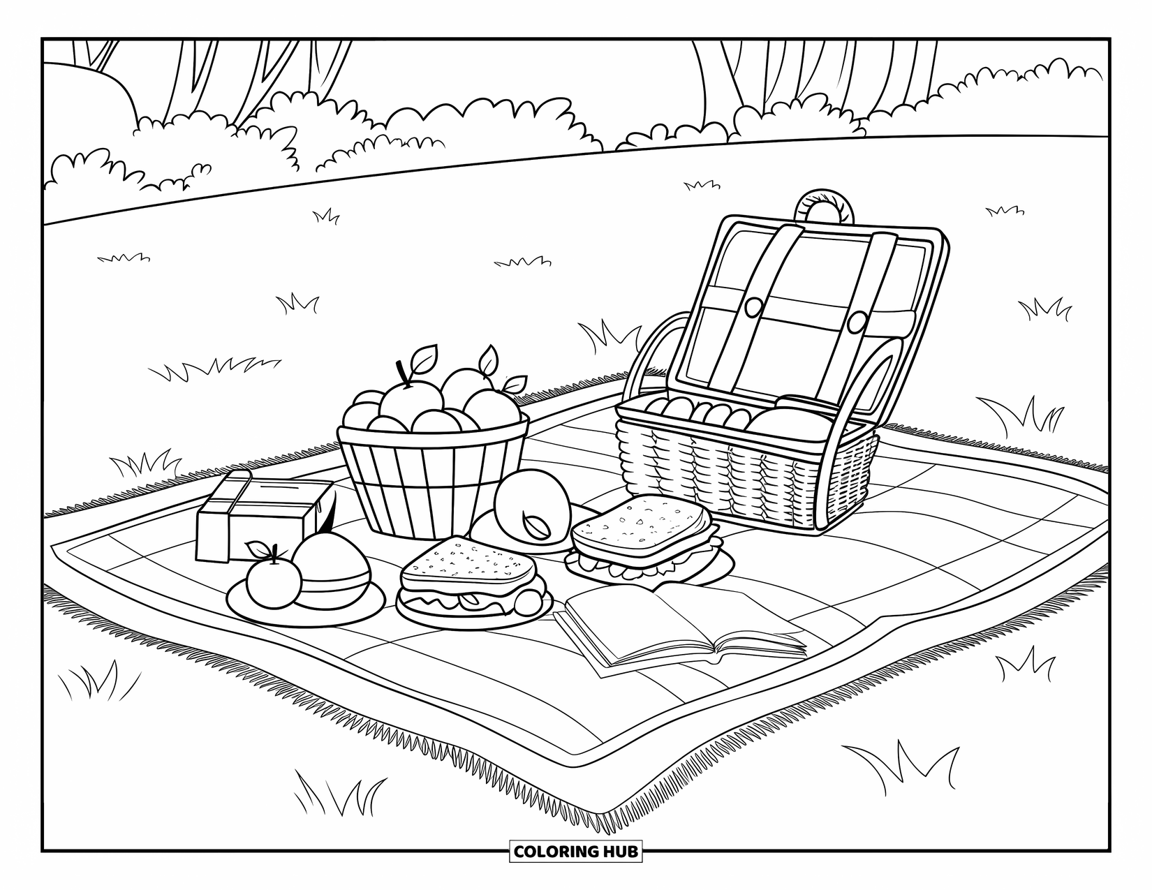 June Coloring Page for Kids: A cozy picnic scene with sandwiches, fruit, and trees all around