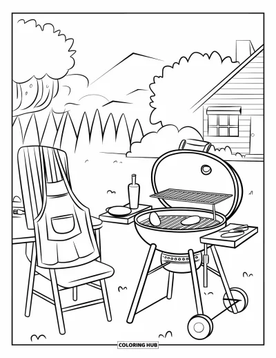 Junimålarbild för barn: En grill och ett bord dukat för farsdag bredvid ett hus och träd
