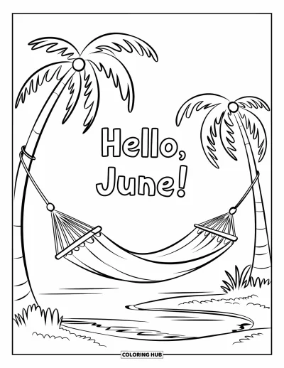 Junimålarbild för barn: En hängmatta gungar mellan palmer med "Hello, June!" ovanför en lugn strand