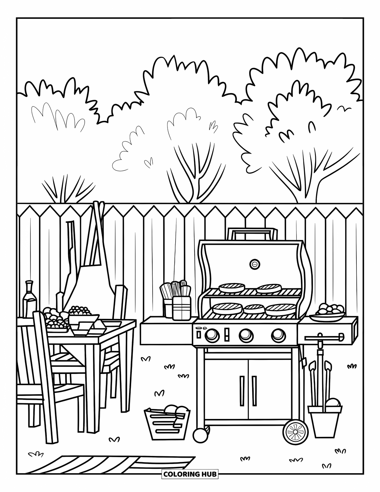 June Coloring Page for Kids: Backyard BBQ scene with grill, food, and chairs for a Father's Day celebration