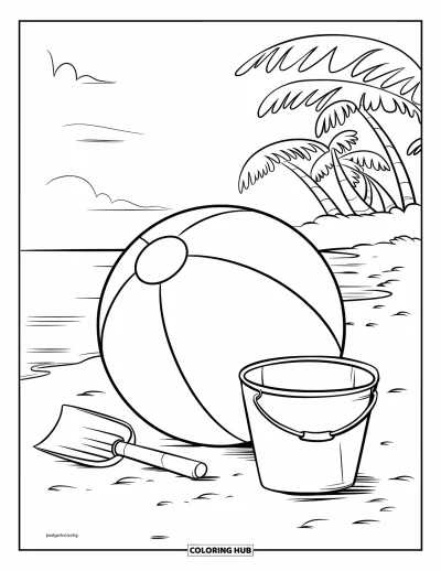 Junimålarbild för barn: Strandboll, hink och spade bredvid palmer under en delvis molnig himmel