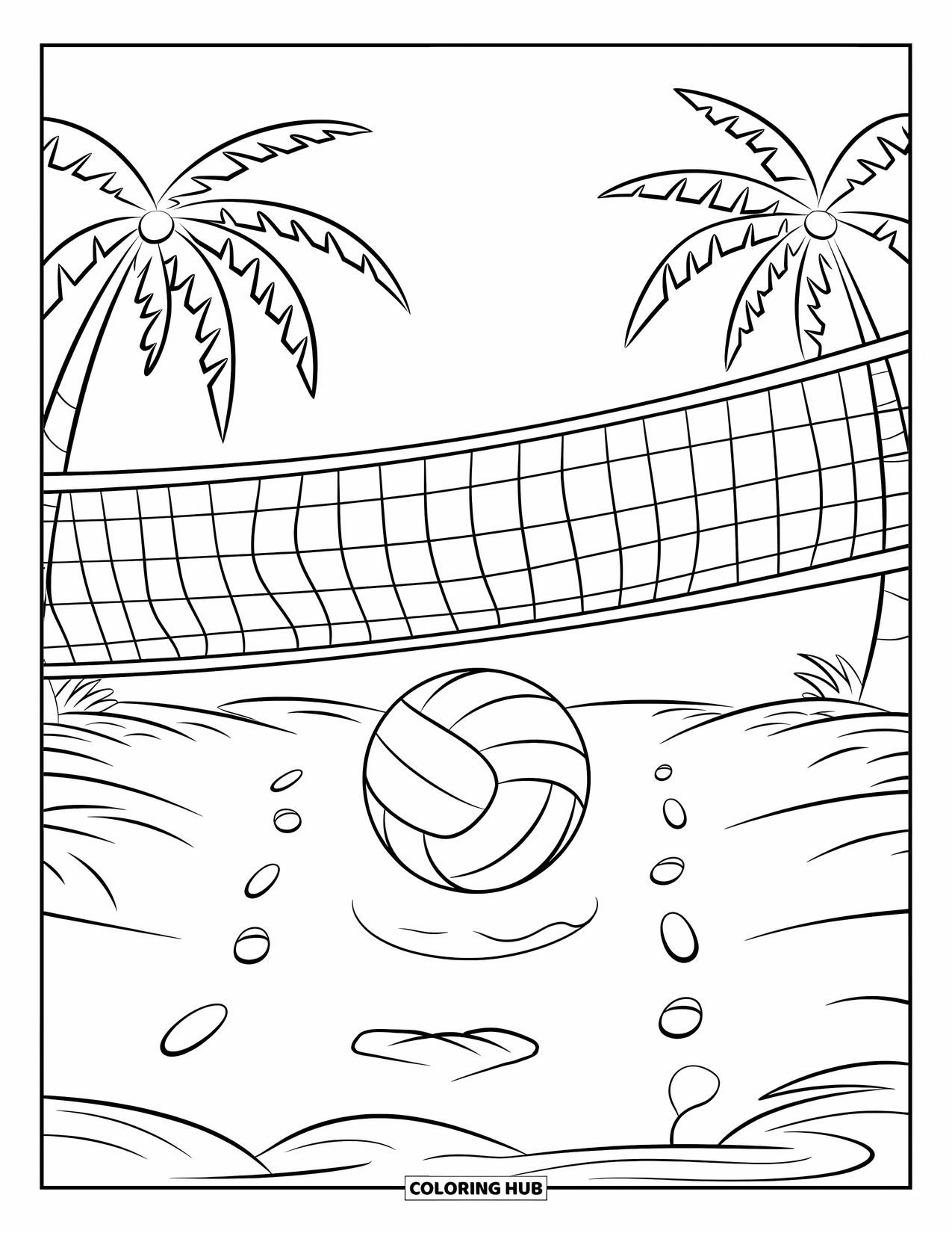 June Coloring Page for Kids: Beach volleyball scene with footprints in the sand and a ball in mid-air