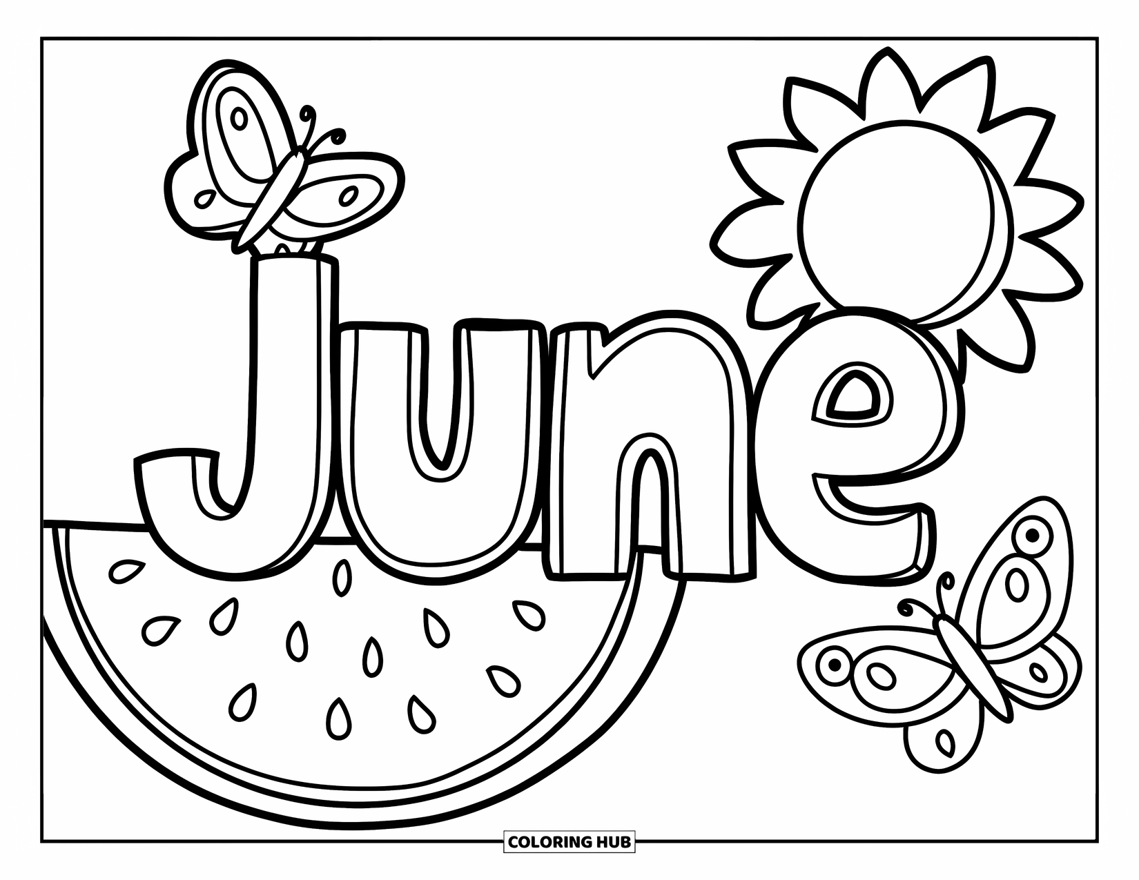 June Coloring Page for Kids: Big "June" word with sun rays, butterflies, and watermelon details