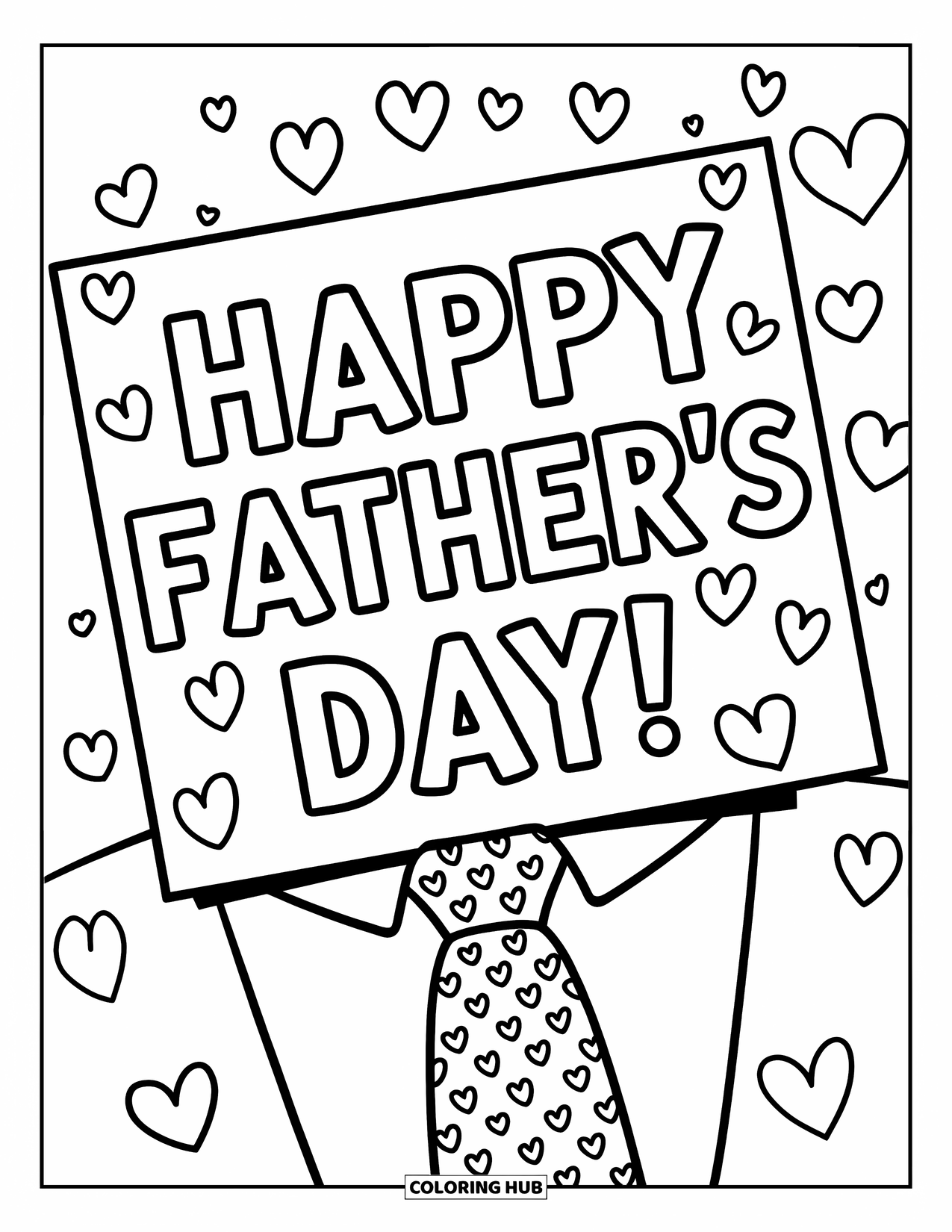 June Coloring Page for Kids: Bold Father's Day message with hearts and a fun necktie on a cheerful card