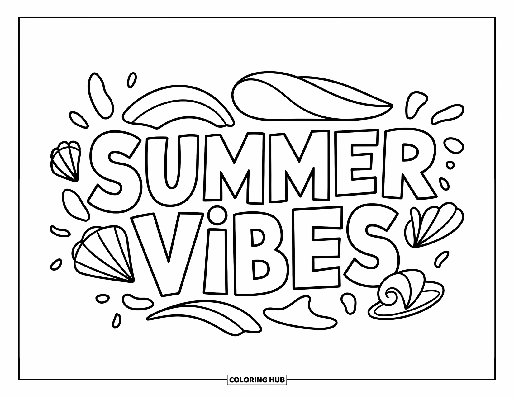 June Coloring Page for Kids: Bold "Summer Vibes" with seashells, waves, and a cheerful summer feel
