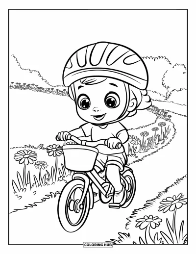 Junimålarbild för barn: Barn med hjälm cyklar glatt förbi blommor på en solig stig