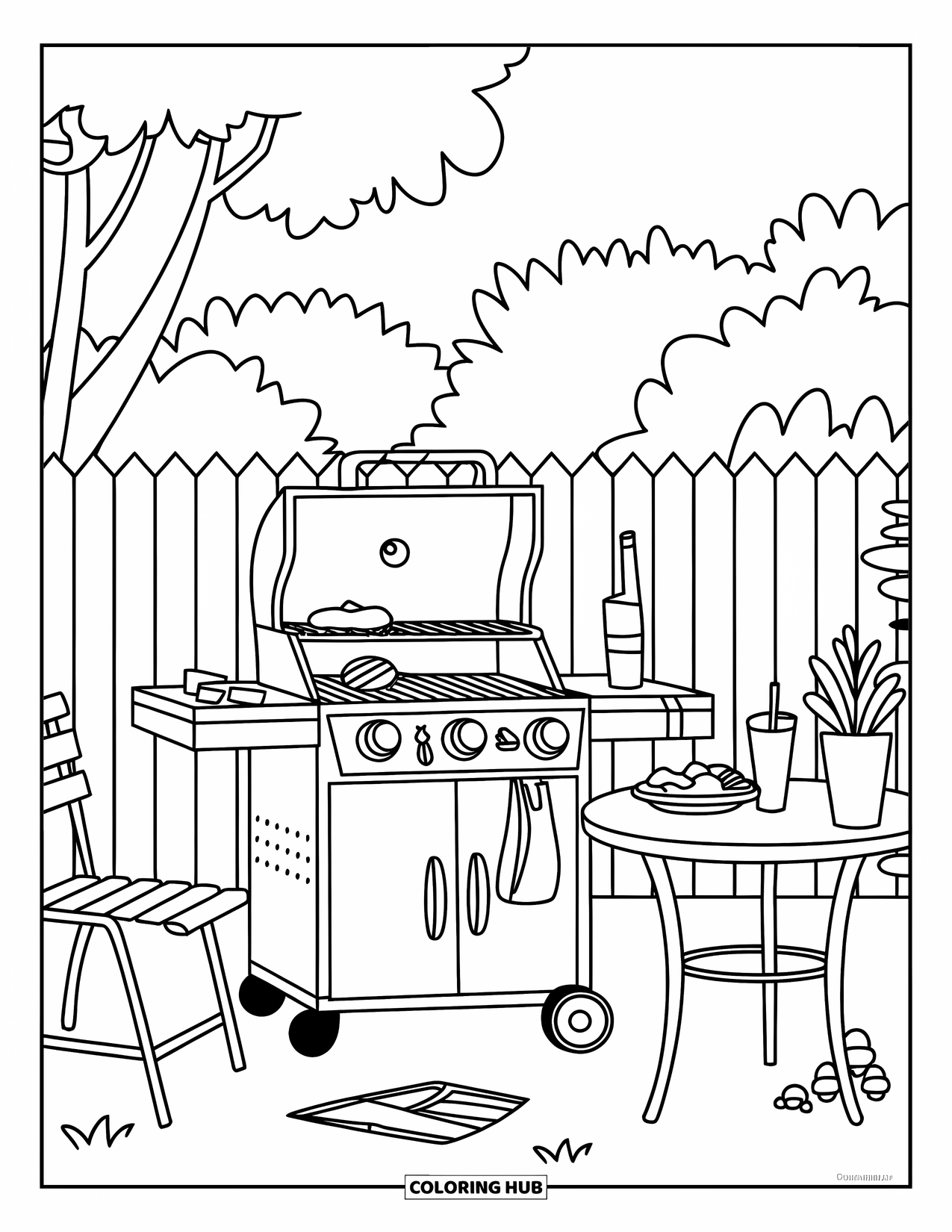 June Coloring Page for Kids: Father's Day BBQ with a grill, food table, chair, and trees in a cozy yard