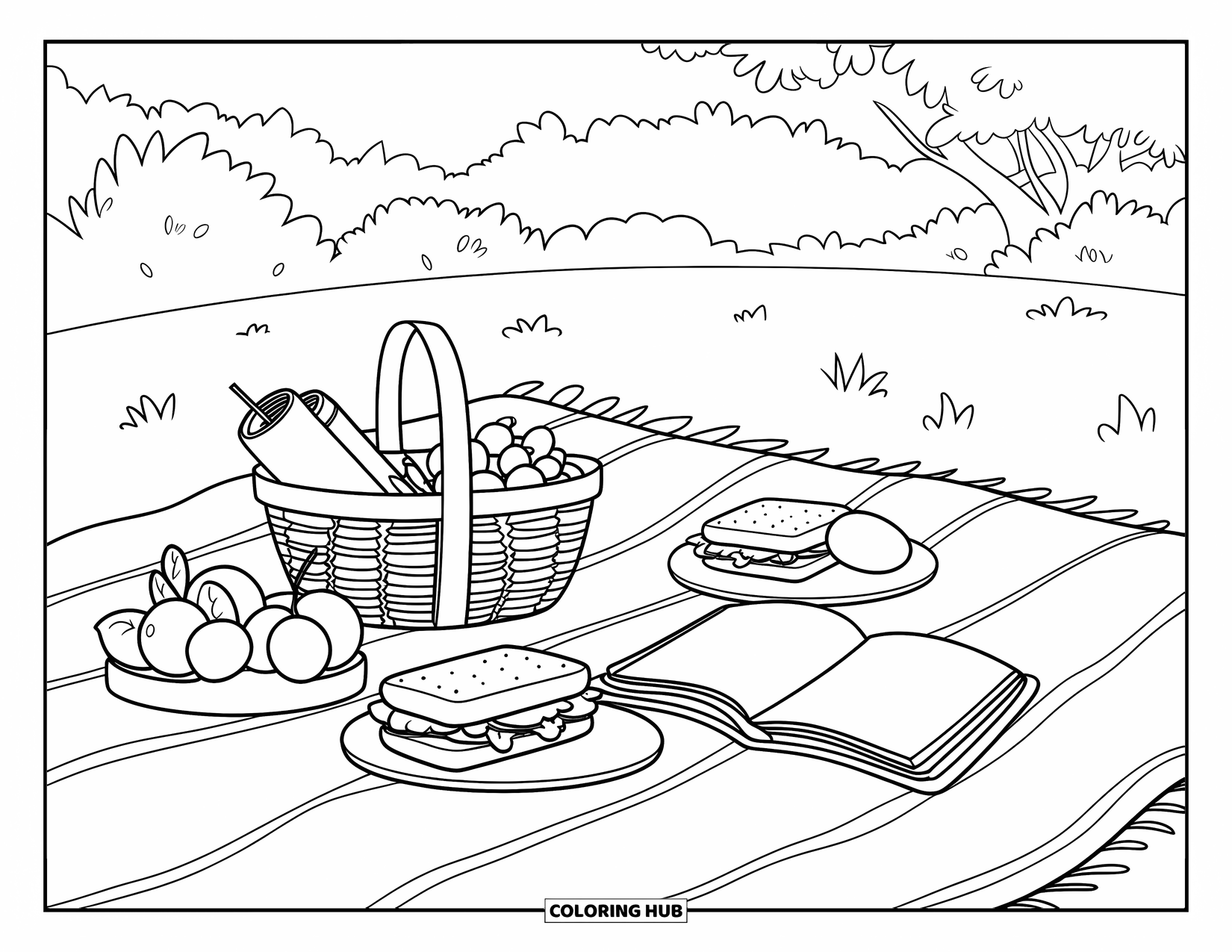 June Coloring Page for Kids: Fruit-filled picnic with an open book and trees in the background