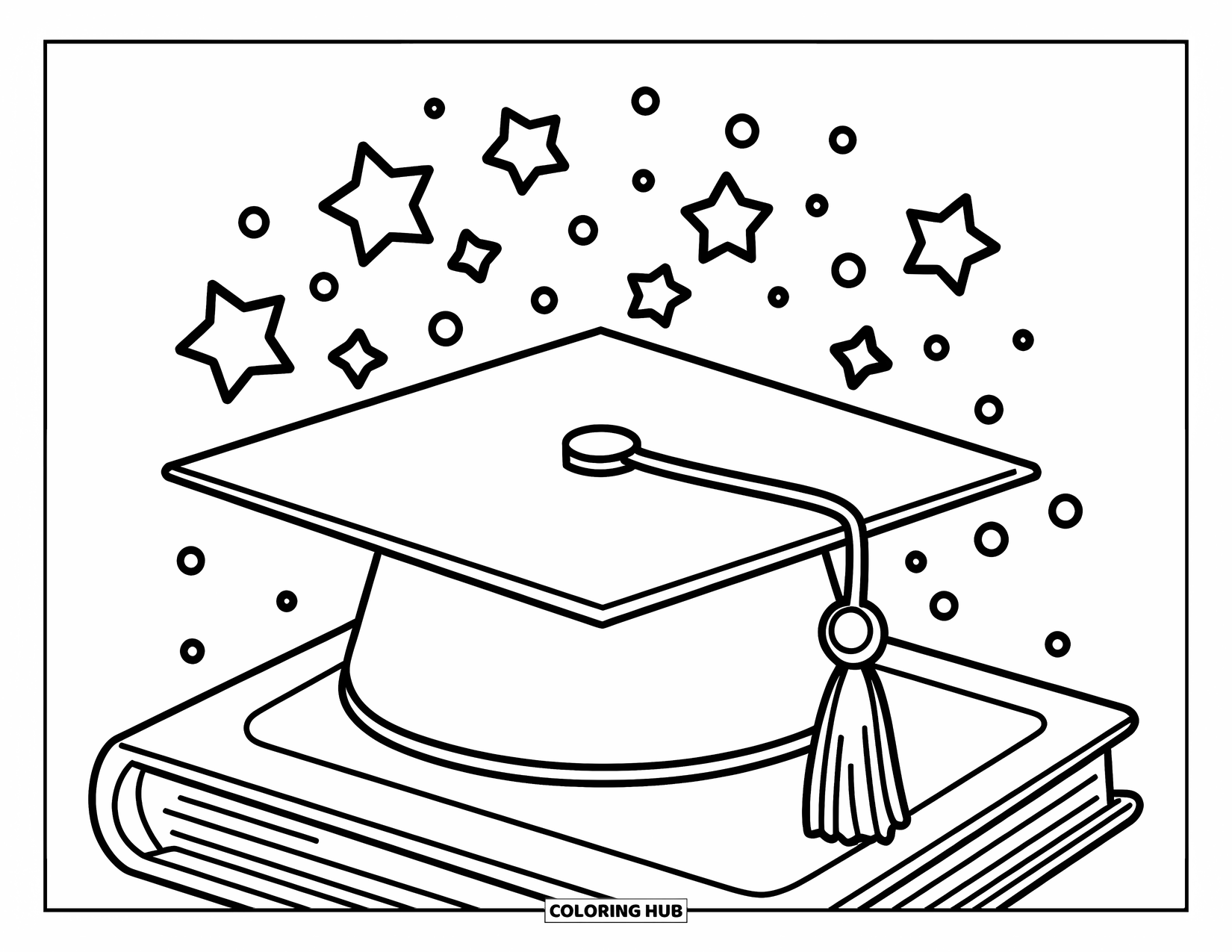June Coloring Page for Kids: Grad cap with tassel on a book surrounded by stars and cheerful confetti