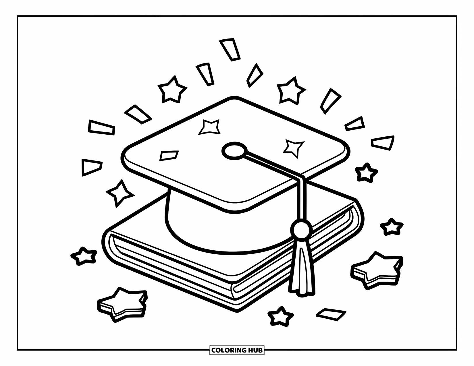 June Coloring Page for Kids: Graduation cap on books with confetti and stars scattered all around