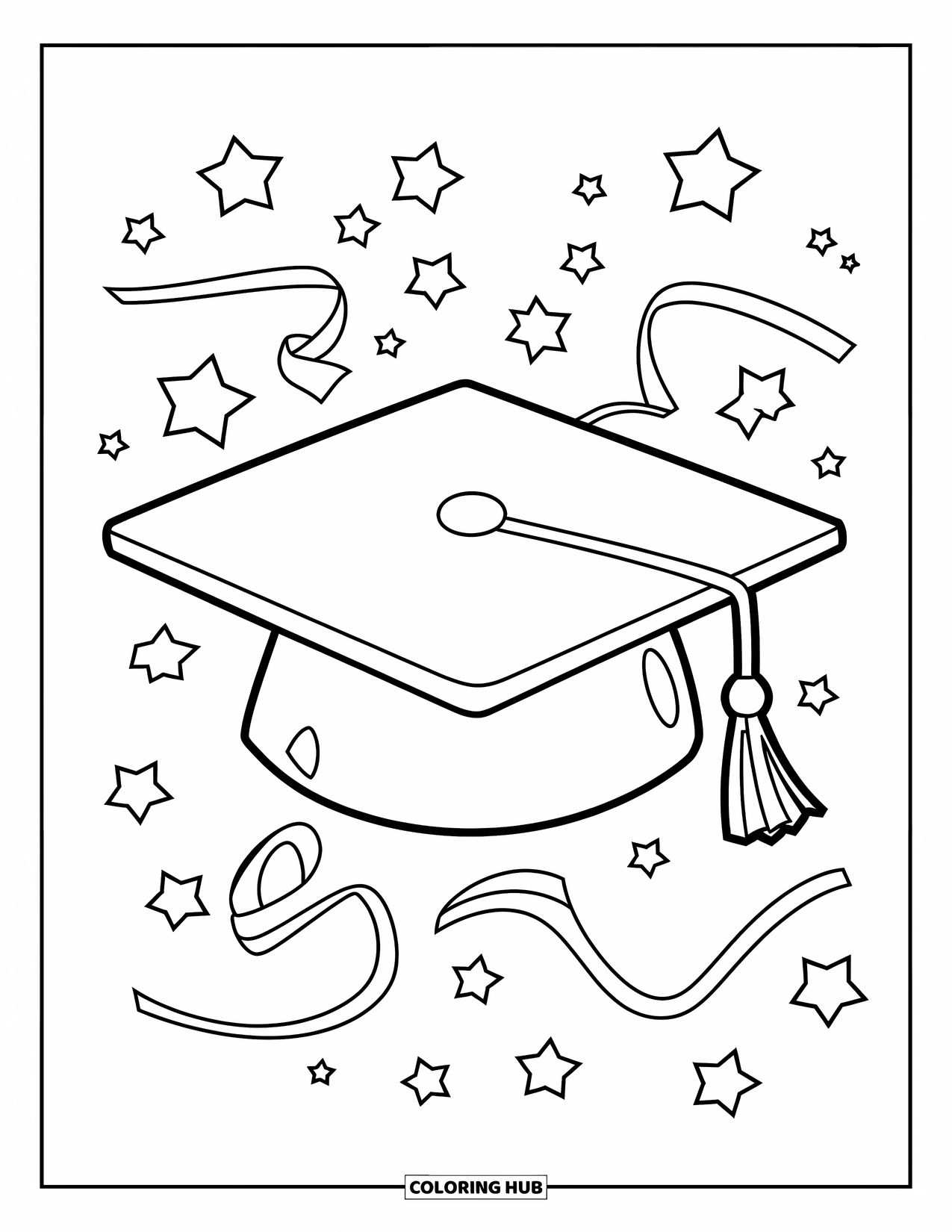 June Coloring Page for Kids: Graduation cap with stars and streamers flying high in the sky