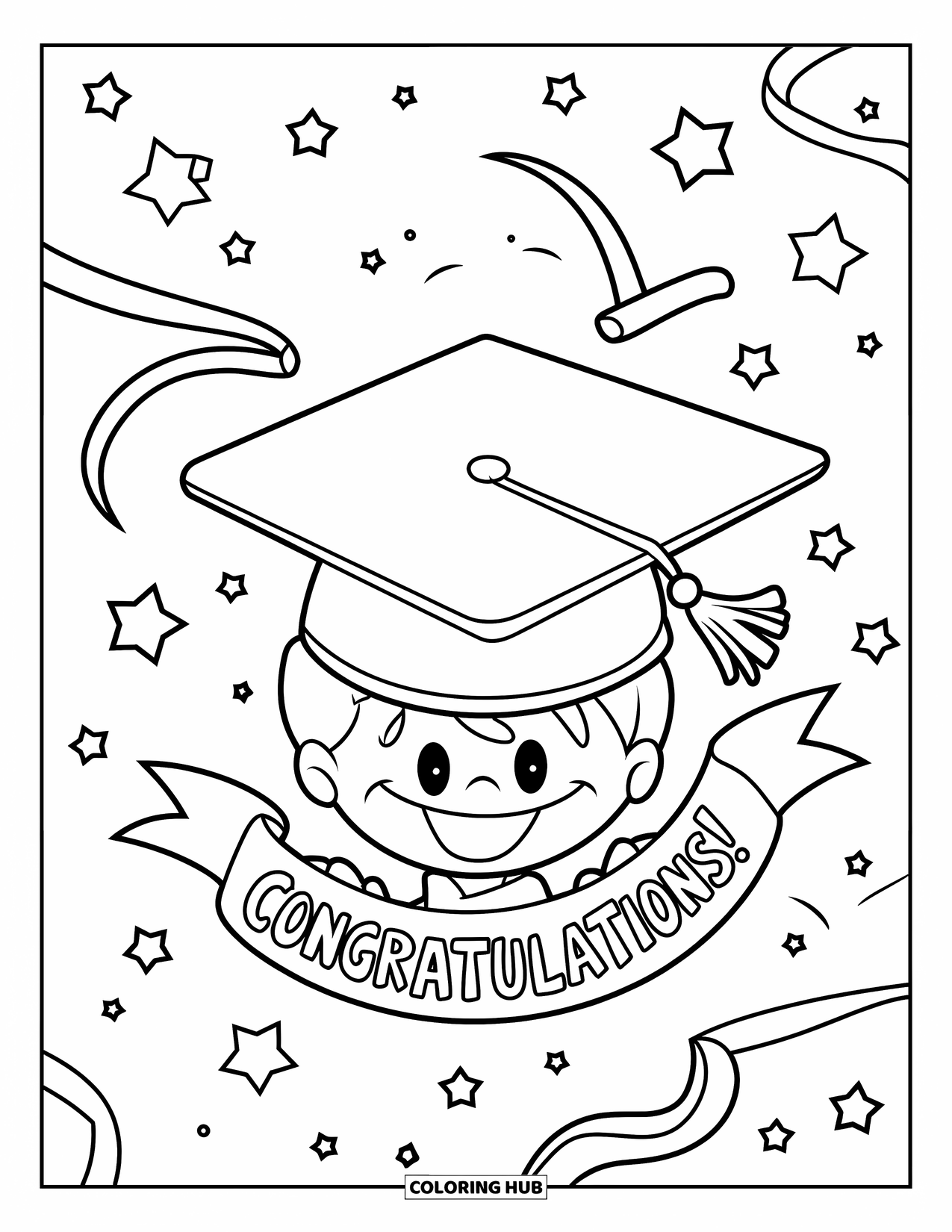 June Coloring Page for Kids: Graduation cap with stars, streamers, and a "Congratulations!" banner soars above a smiling face