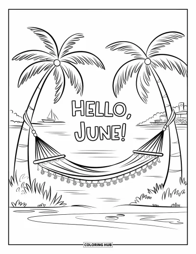 Junimålarbild för barn: Hängmattascen med "Hello, June!" och båtar i fjärran nära en lugn strand