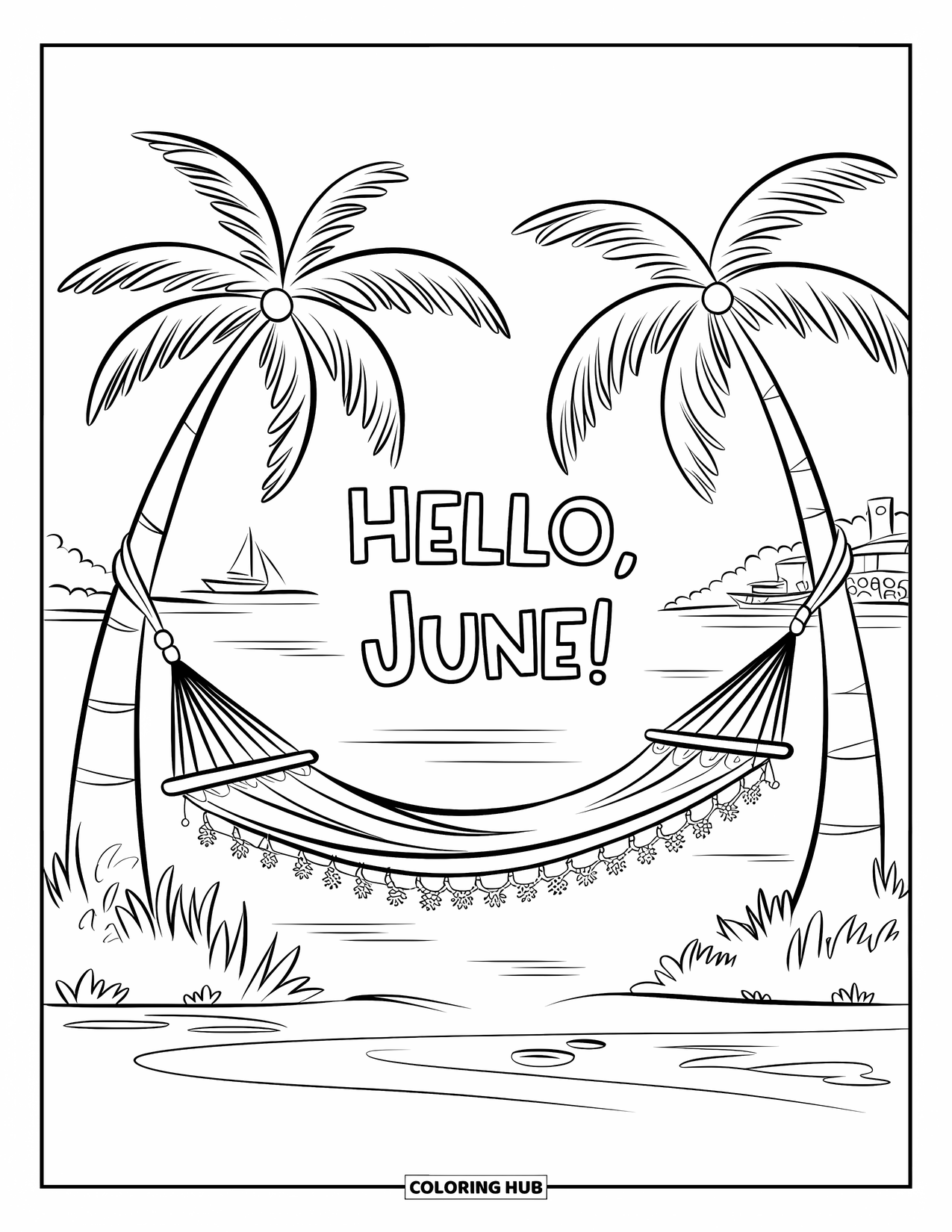 June Coloring Page for Kids: Hammock scene with "Hello, June!" and boats in the distance near a gentle shore