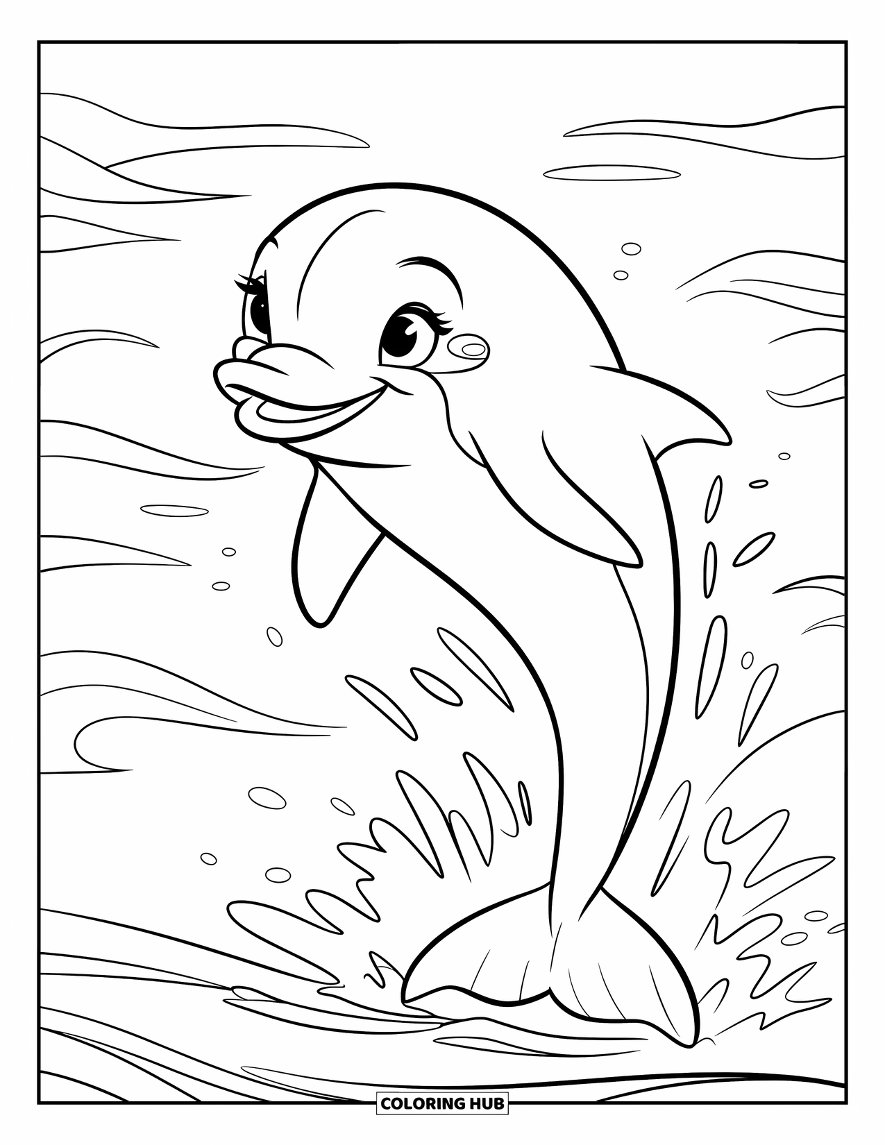 June Coloring Page for Kids: Happy dolphin jumps through calm waves in the ocean