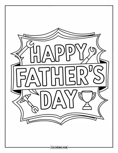 Junimålarbild för barn: "Happy Father's Day"-banderoll med verktyg och en liten pokal nedanför