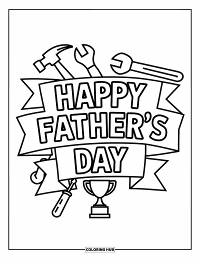 Junimålarbild för barn: "Happy Father's Day"-banderoll med verktyg och en pokal nedanför, tecknad med tydliga konturer