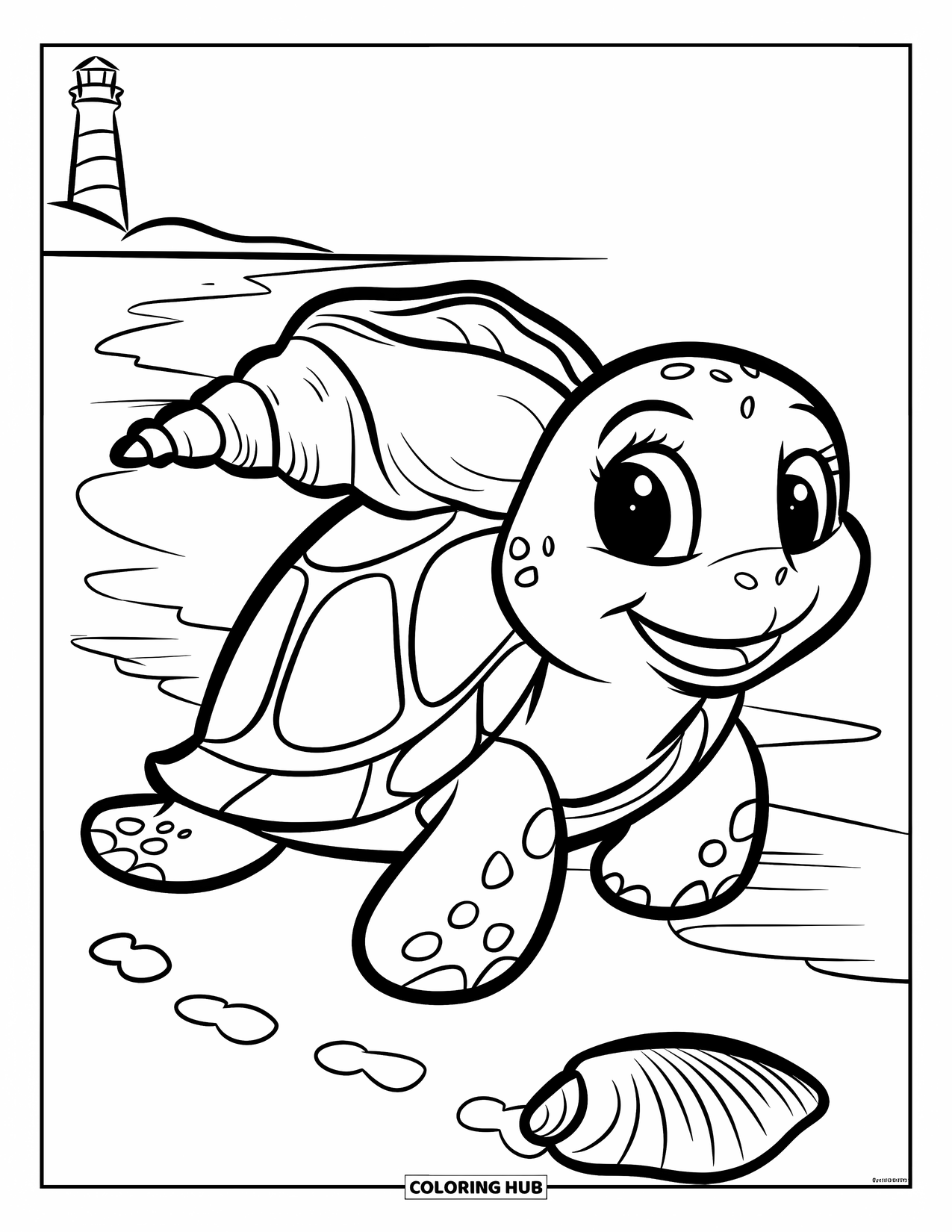 June Coloring Page for Kids: Happy turtle with a seashell on its back walks along the beach near a lighthouse