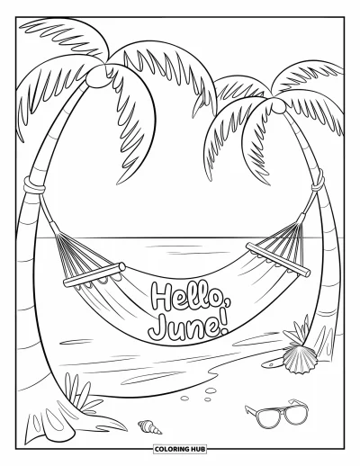 Junimålarbild för barn: "Hello, June!"-hängmatta vid havet med snäckor och solglasögon i närheten