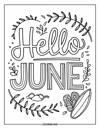Junimålarbild för barn: "Hello June"-handskrift med badtofflor, surfbräda och löviga strandaccenter