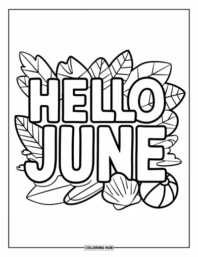 Junimålarbild för barn: "Hello June"-handskrift med löviga accenter och strandikoner som snäckor och surfbrädor