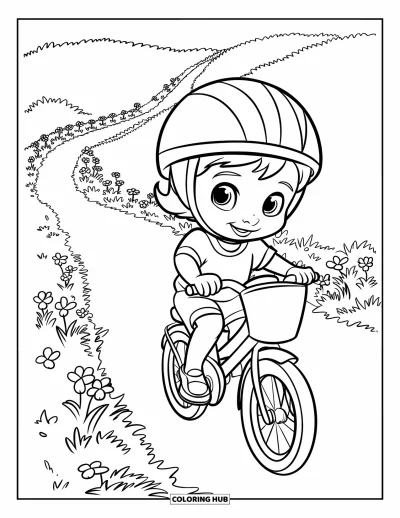 Junimålarbild för barn: Barn på cykel rider en stig kantad med blommor och mjuka kullar