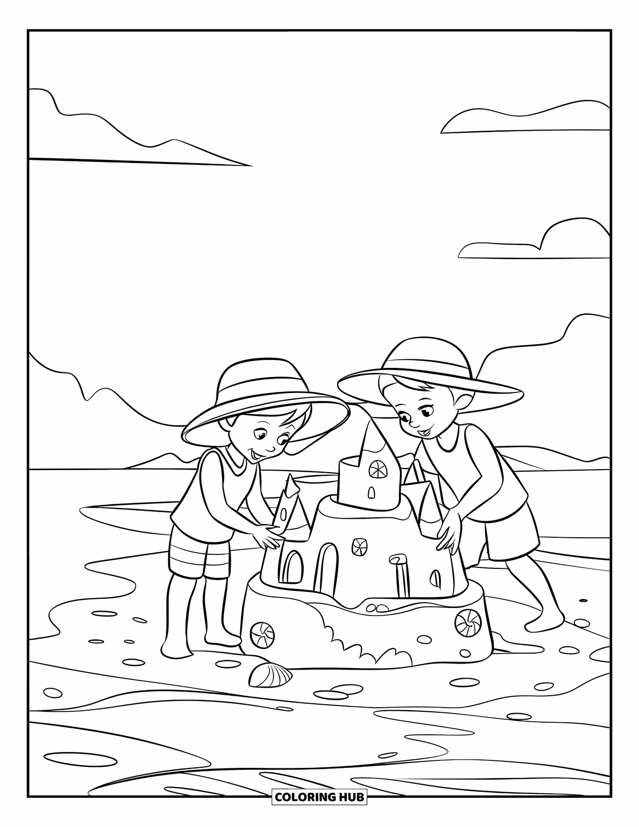 June Coloring Page for Kids: Kids in hats build a tall sandcastle near waves, palm trees, and a clear sky