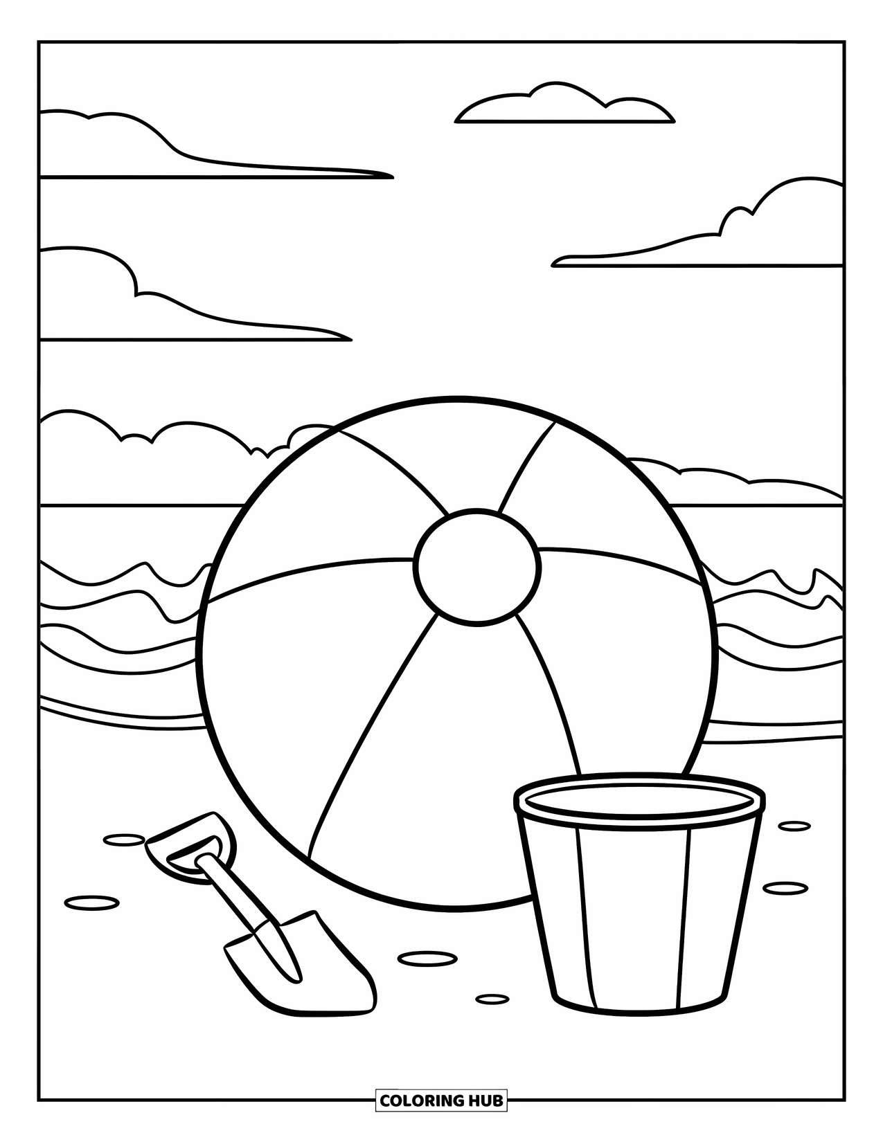 June Coloring Page for Kids: Large beach ball with shovel and pail under a sky with waves and clouds