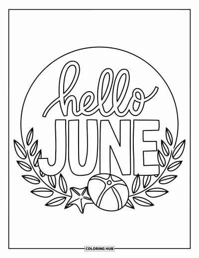 Junimålarbild för barn: Lövigt "Hello June"-text med strandsaker som hink, spade och badtofflor