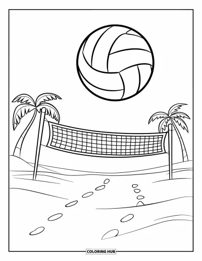 Junimålarbild för barn: Volleyboll i luften ovanför nätet med sandavtryck och palmer i bakgrunden