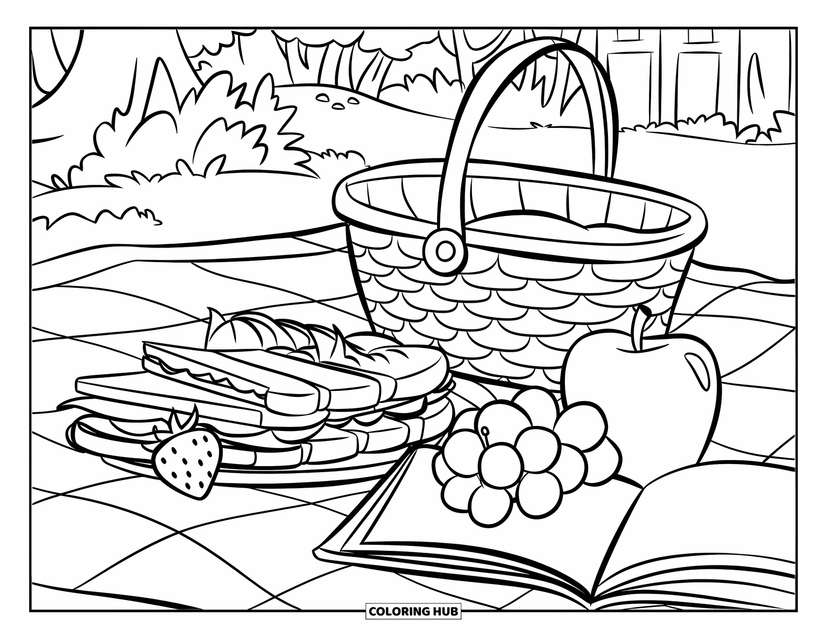 June Coloring Page for Kids: Picnic blanket with sandwiches, fruit, a basket, and an open book in the park