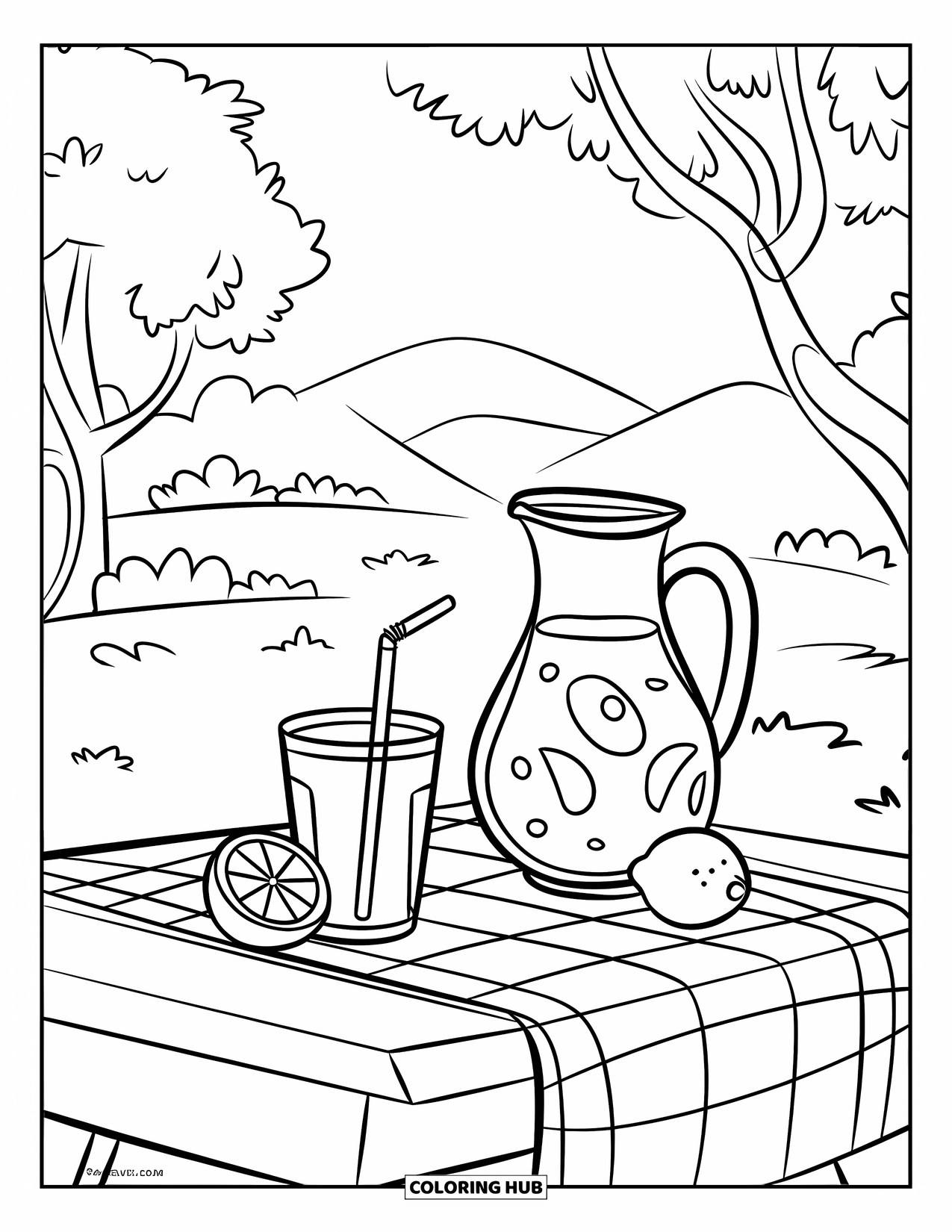 June Coloring Page for Kids: Picnic table with lemonade, cup, and lemon under trees and mountain views