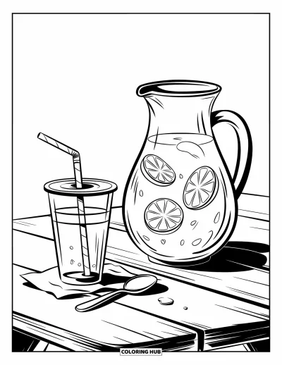 Junimålarbild för barn: Kanna med citronskivor, glas och sked på ett picknickbord mot en ren bakgrund
