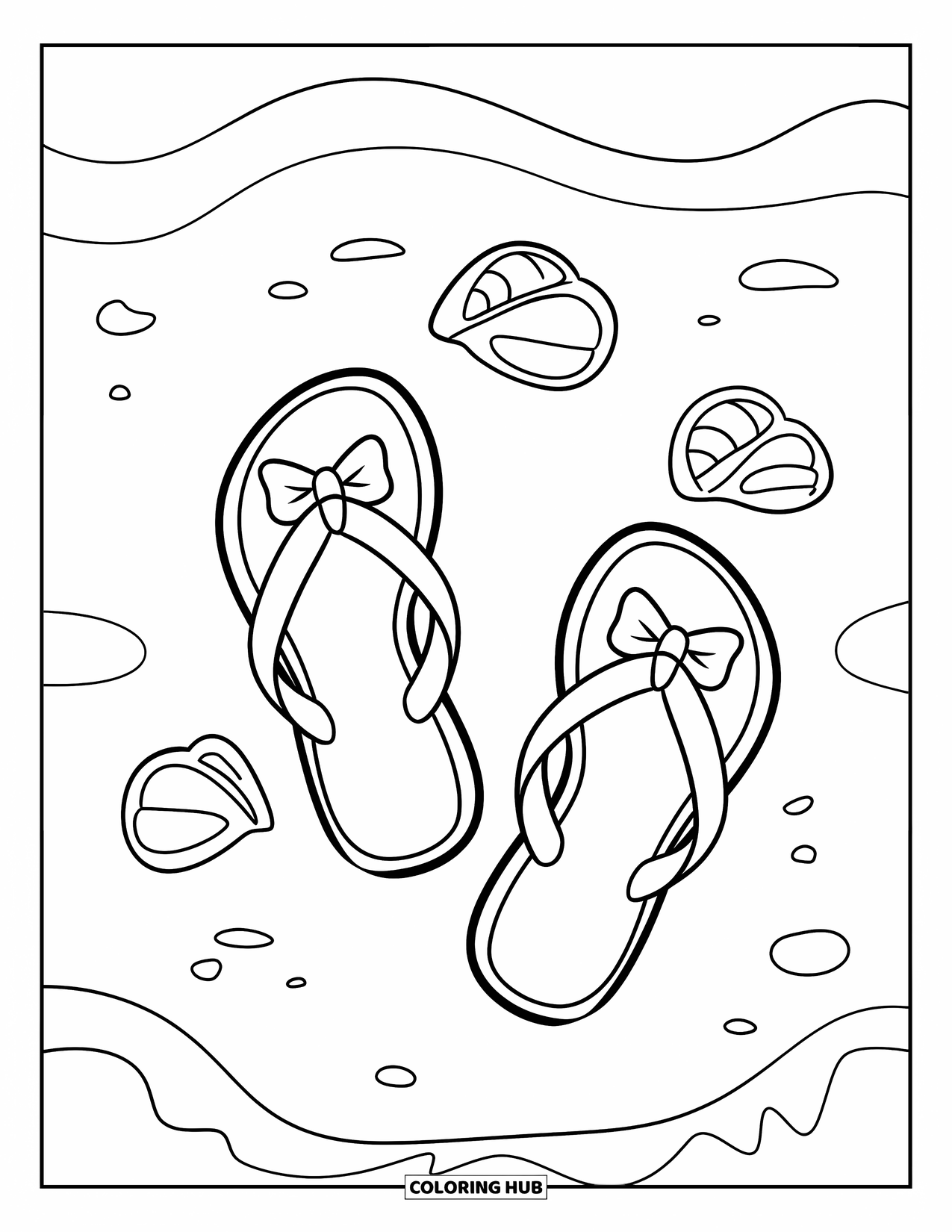 June Coloring Page for Kids: Playful flip-flops with bows rest on curved sand lines and tiny smooth shells