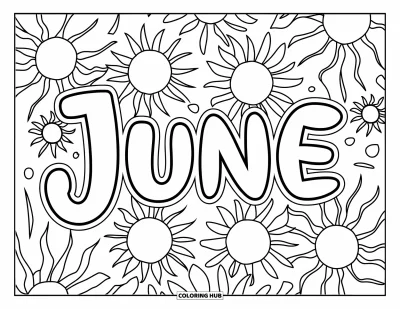 Junimålarbild för barn: Lekfull "June"-text omgiven av blommor och lysande solar