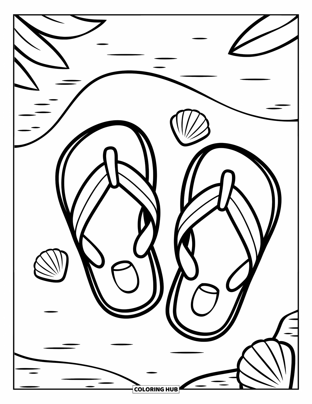 June Coloring Page for Kids: Smiling flip-flops rest on sand with a few simple shells nearby