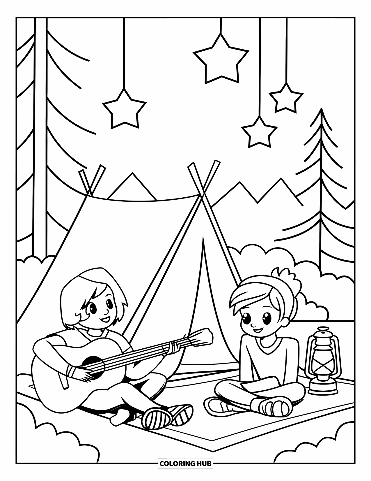 June Coloring Page for Kids: Starry night camping scene with a guitar, lantern, tent, and distant trees