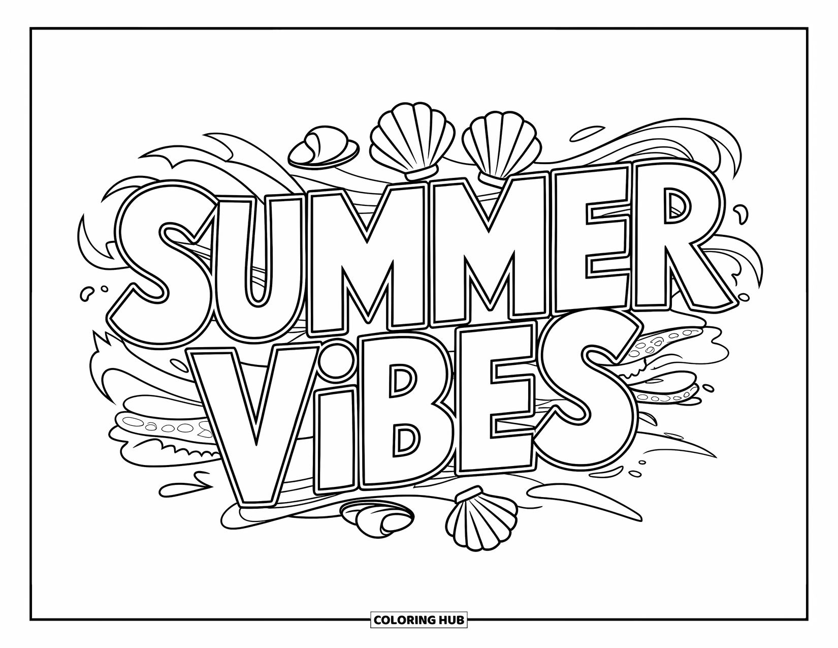 June Coloring Page for Kids: "Summer Vibes" text surrounded by shells, waves, and sunny beach-themed doodles