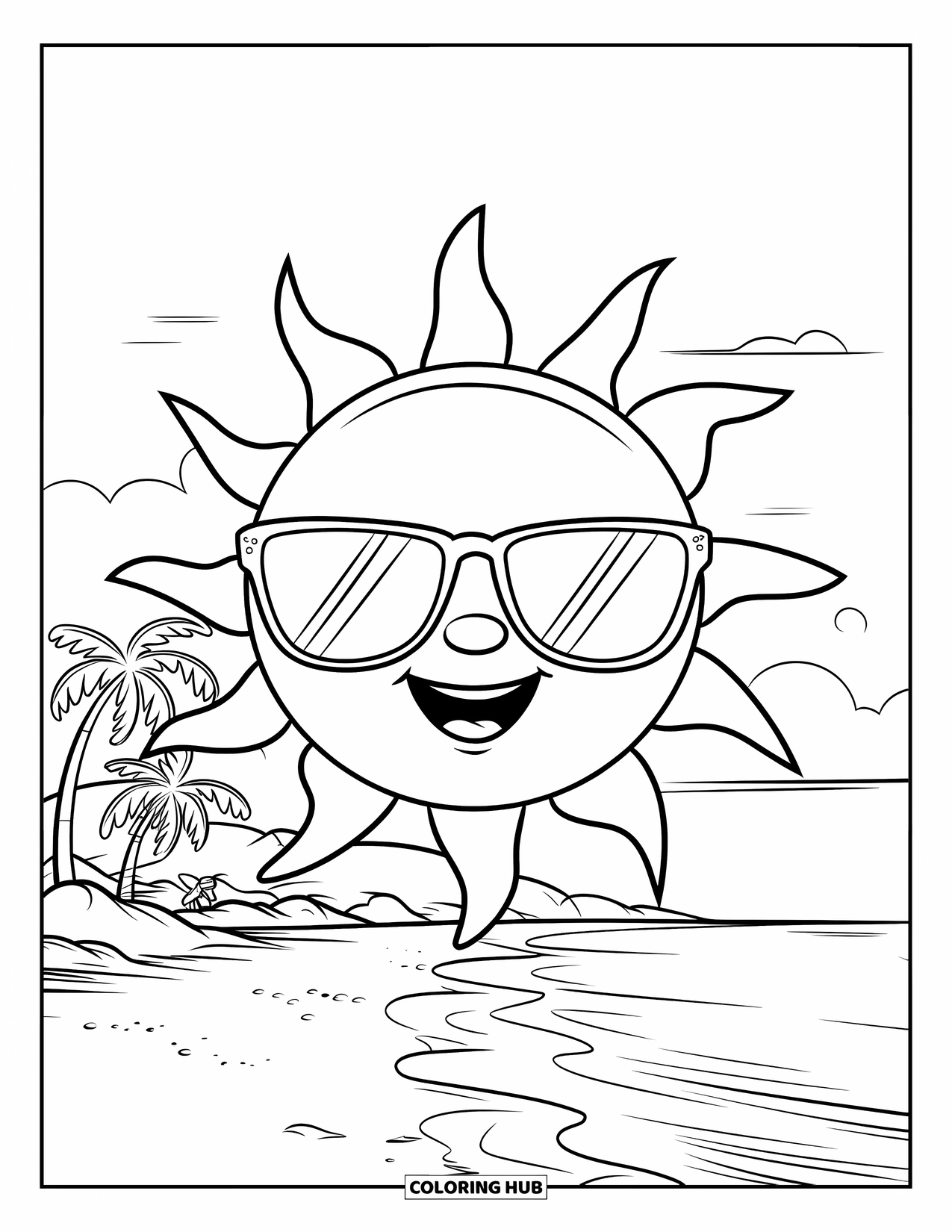 June Coloring Page for Kids: Sun with sunglasses smiles down on a breezy beach day