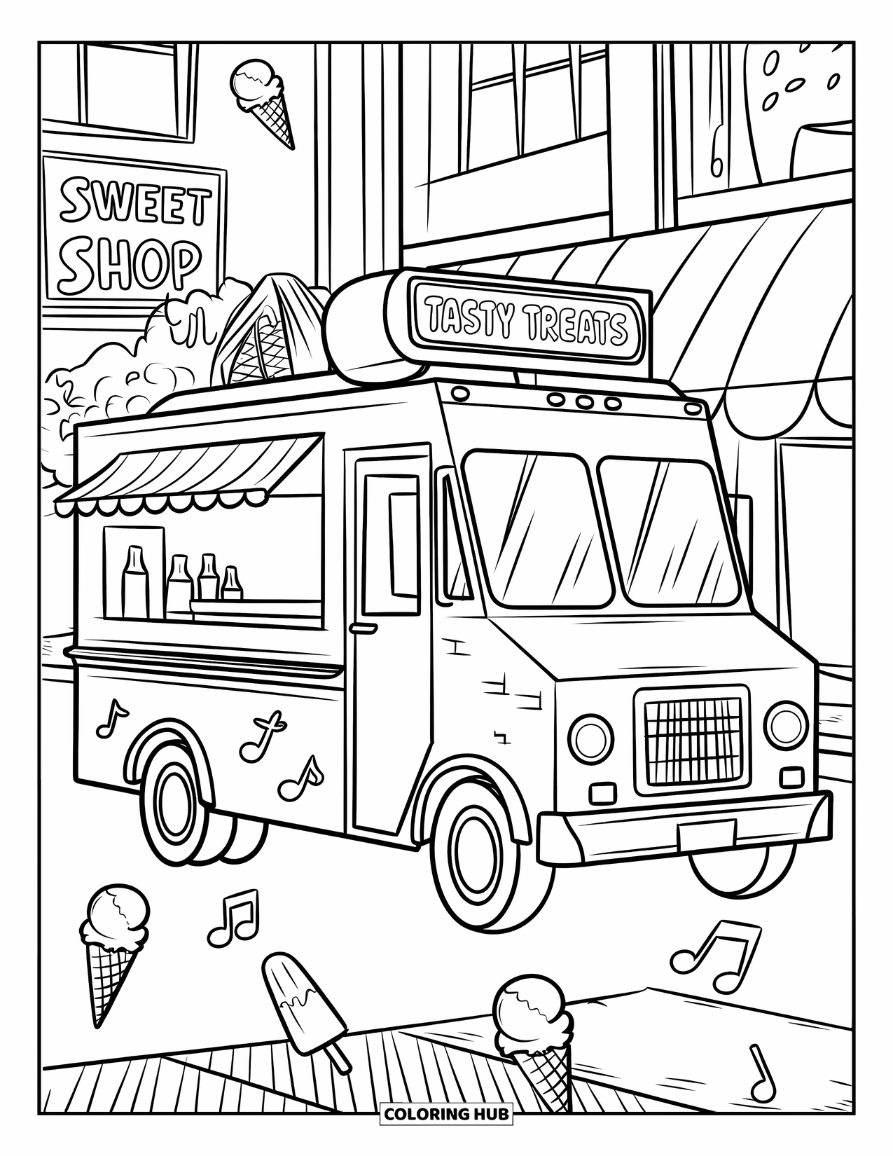 June Coloring Page for Kids: "Tasty Treats" truck with cones, rainbow, and a shop in the background