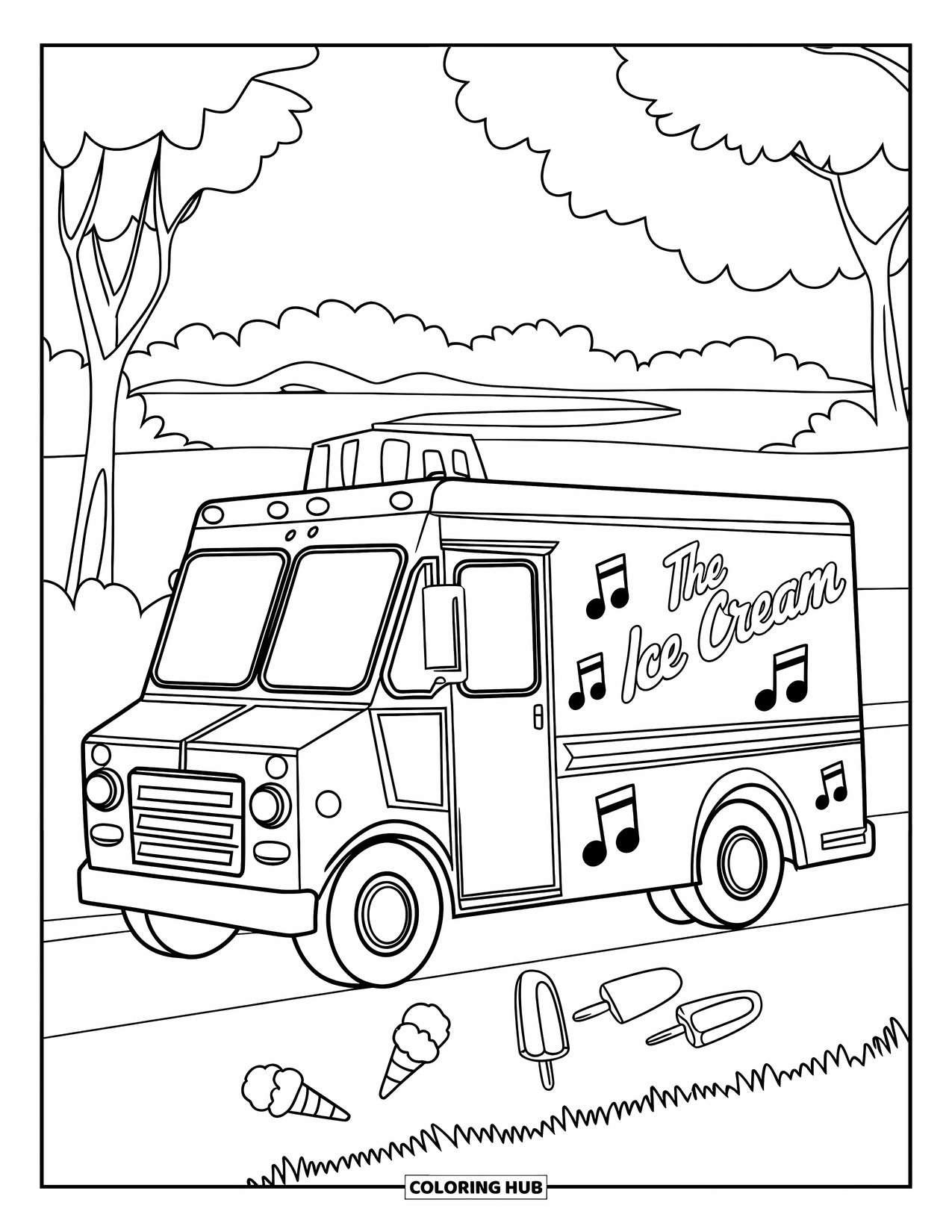 June Coloring Page for Kids: "The Ice Cream Man" truck with treats and music notes near trees and water