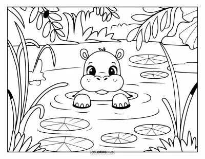 Coloriage de jungle pour adultes : Un bébé hippopotame pointe son museau depuis un bassin de jungle entouré d'une végétation luxuriante