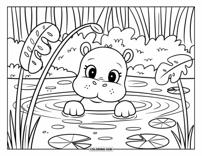 Coloriage de jungle pour adultes : Un bébé hippopotame pointe son museau depuis un bassin de jungle avec de grands arbres en arrière-plan