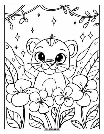 Coloriage de jungle pour adultes : Un lionceau se cache derrière d'immenses fleurs tropicales avec des lianes tourbillonnantes et des étoiles brillantes