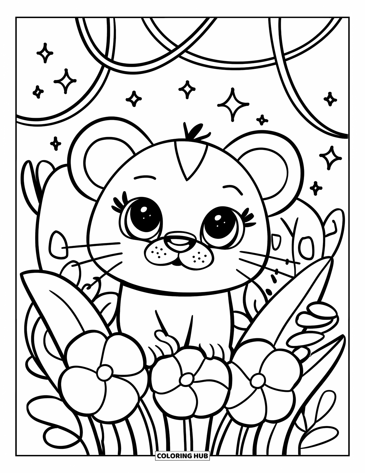 Jungle Coloring Page for Adults: A baby lion peeks from behind giant tropical flowers with vines and sparkling stars