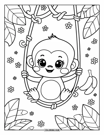 Coloriage de jungle pour adultes : Un bébé singe au ventre rond se balance doucement sur une liane parmi les feuilles et les fleurs de jungle